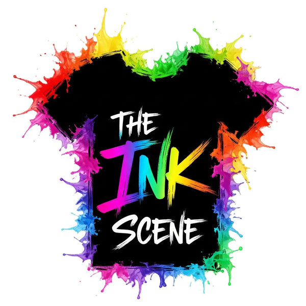 Black t-shirt with 'The Ink Scene' text surrounded by colorful splashes on a white background
